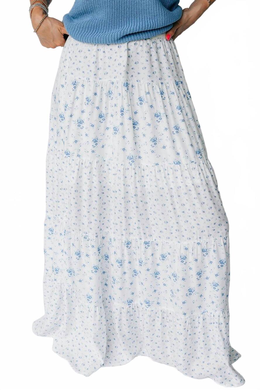 NEW SHEWIN high waist tiny floral print boho maxi skirt in white